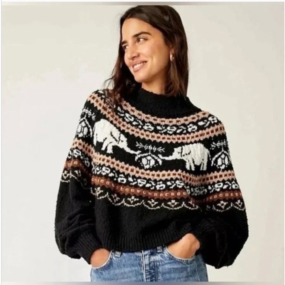 Free People Nellie Elephant Fair Isle Mock Neck Sweater Black Tan Small